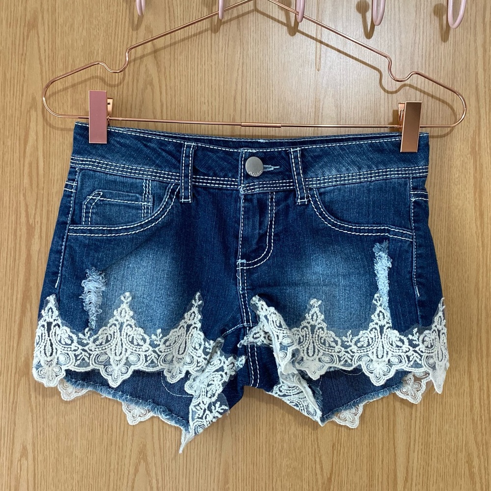Lace Trim Denim Shorts